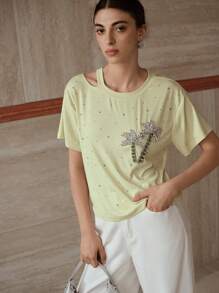 MOTF PREMIUM CAMISETA CON DETALLES DE RHINESTONE Y RECORTES - Verde - Ver 5