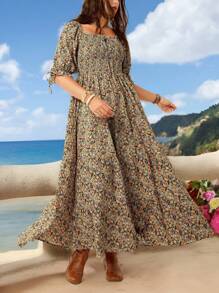 SHEIN LUNE Plus Size Women's Slouchy Casual Style Beach Vacation Outfit Fourth Of July Women Chic Retro Square Neck Romantic Cozy Fit Floral Multi-Layered Chillax Dress For The Holidays Bohemian Dress Teacher Outfits For Women Graduation Dresses For Women - Multicolor - View 8