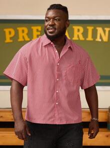 EASEVO Áo sơ mi tay ngắn dệt sọc đỏ trắng rộng rãi thoải mái cho nam cỡ lớn - Đỏ - Xem 3