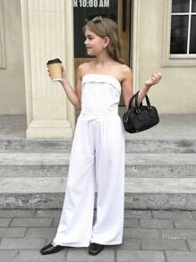 SHEIN Conjunto de 2 piezas de top de tirantes de color liso y pantalón largo informal para niñas preadolescentes