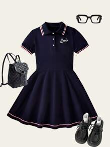 SHEIN Vacaura 青少年女孩休闲拼色条纹 Polo 领 A 字形连衣裙（夏季）