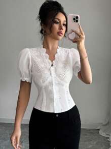 Selianne Women's Spring & Summer Elegant Short Sleeve V-Neck Open Front Buttoned Hollow Out Lace Fabric Blouse
