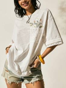 1件装 女士针织夏季度假蕾丝拼接基础款雏菊刺绣白色100%纯棉T恤 假日可爱夏季上衣 - 白色 - 查看 4