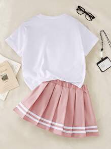 SHEIN Explorewe 女童休闲可爱学院风字母印花圆领短袖百褶裙两件套，粉色 - 彩色 - 查看 2