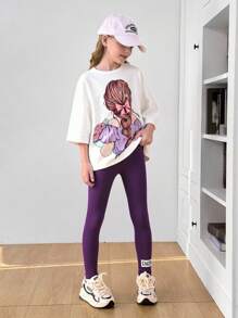 2 件套青少年女孩可爱肖像印花超大圆领短袖 T 恤图案 T 恤和紧身裤套装，返校服装