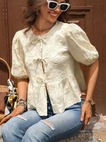 Solivie 女士系带泡泡袖刺绣衬衫，优雅度假装，情人节 - 杏色 - 查看 1