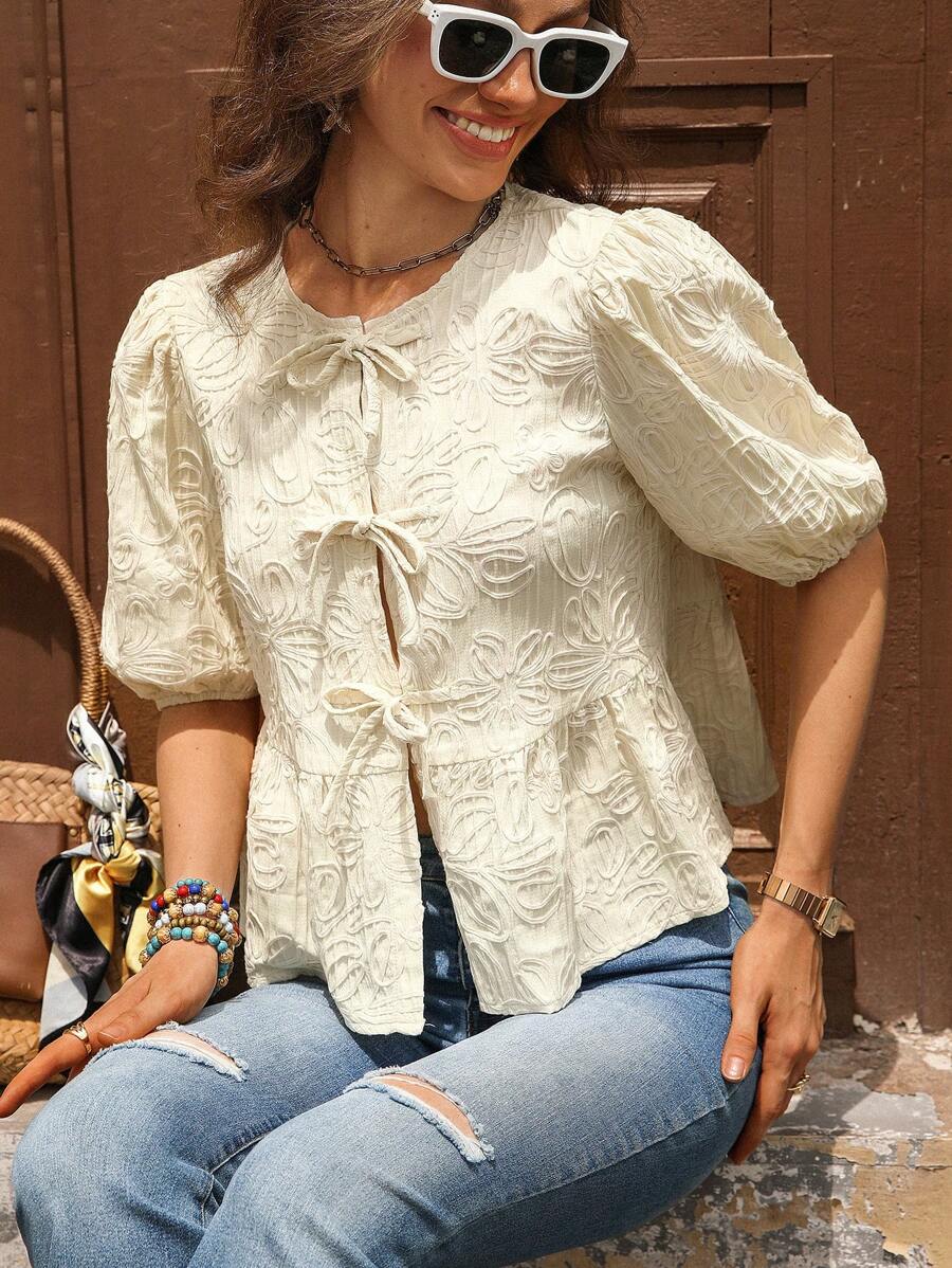 Solivie 女士系带泡泡袖刺绣衬衫，优雅度假装，情人节 - 杏色 - 查看 1