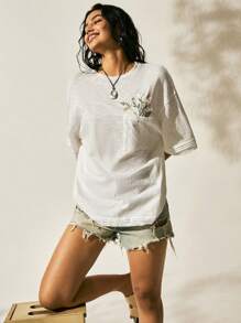 1件装 女士针织夏季度假蕾丝拼接基础款雏菊刺绣白色100%纯棉T恤 假日可爱夏季上衣 - 白色 - 查看 8