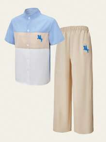 SHEIN Casuvi Kids 男童休闲混色印花立领衬衫长裤套装 - 彩色 - 查看 3