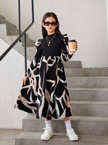 SHEIN Tween Girls 2 In 1 Gigot Sleeve Geometric Floral Patchwork Stand Collar Dress - Multicolor - View 6