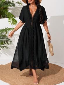 Swim Vcay Plus Size Women Single Design Side Split Lace Patchwork Sexy Casual Holiday Beach Dress For Summer Beach Vacation