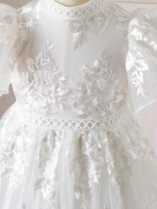 Young Girl Floral Embroidery Mesh Ruffle Hem Short Sleeve Elegant Dress - White - View 6