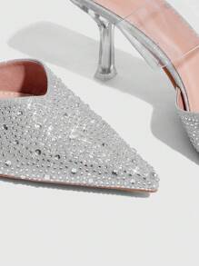 CUCCOO SZL Mules femininas sensuais de bico fino com detalhes em strass e salto alto transparente, perfeitas para usar com vestidos. - Prata - Ver 7
