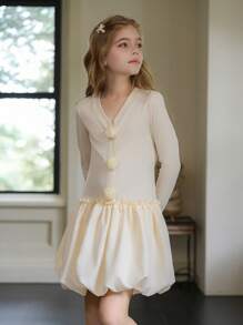 Vestido de manga larga con volantes y decoración floral 3D de unicolor para niña preadolescente - Amarillo - Ver 4