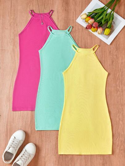 Tween Girls Casual Solid Color Halter Neck Sundress, Summer