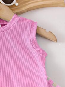 SHEIN Playful Pals 女婴纹理无袖上衣和蓝色格子短裤套装，带蓝色蝴蝶结装饰，夏季日常休闲装 - 粉色 - 查看 6