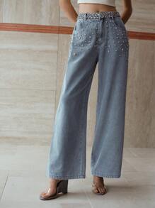 PREMIUM WOMEN'S RHINESTONE EMBELLISHED LOOSE FIT WIDE LEG JEANS - Baby Blue - View 5