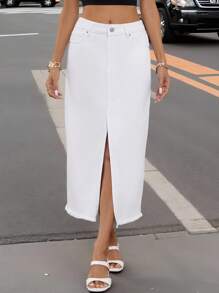 EMERY ROSE 女式休闲纯色毛边高开叉牛仔迷你裙