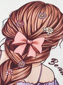 2 件套青少年女孩可爱肖像印花超大圆领短袖 T 恤图案 T 恤和紧身裤套装，返校服装