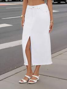 EMERY ROSE 女式休闲纯色毛边高开叉牛仔迷你裙