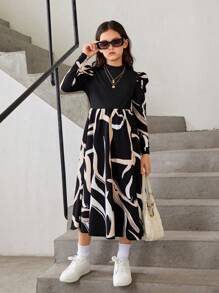 SHEIN Tween Girls 2 In 1 Gigot Sleeve Geometric Floral Patchwork Stand Collar Dress - Multicolor - View 7