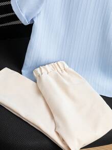 SHEIN 2pcs Young Boy Vertical Striped Round Neck Short Sleeve Single-Breasted Shirt & Pants Set, Summer - Blue - View 5