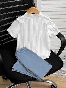 SHEIN 2件套：小男孩竖条纹短袖休闲衬衫和裤子 - 彩色 - 查看 2