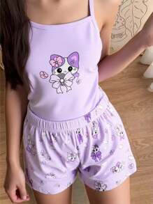 Tween Girls Pajama Set - Cute Pattern Camisole And Shorts 2Pcs Loungewear Back To School Fashion - Purple - View 1
