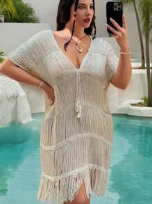 Slaysola Plus Size Women Deep V-Neck Knitted Beach Fringe Dress, Hollow Out Tasseled Solid Cover Up,Beach Cover Up For Summer Beach Vacation