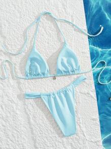 Swim Mod 2 件高腰性感露背吊带前系带女式泳衣套装，夏季 - 藍色 - 查看 2