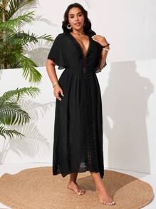 Swim Vcay Plus Size Women Single Design Side Split Lace Patchwork Sexy Casual Holiday Beach Dress For Summer Beach Vacation