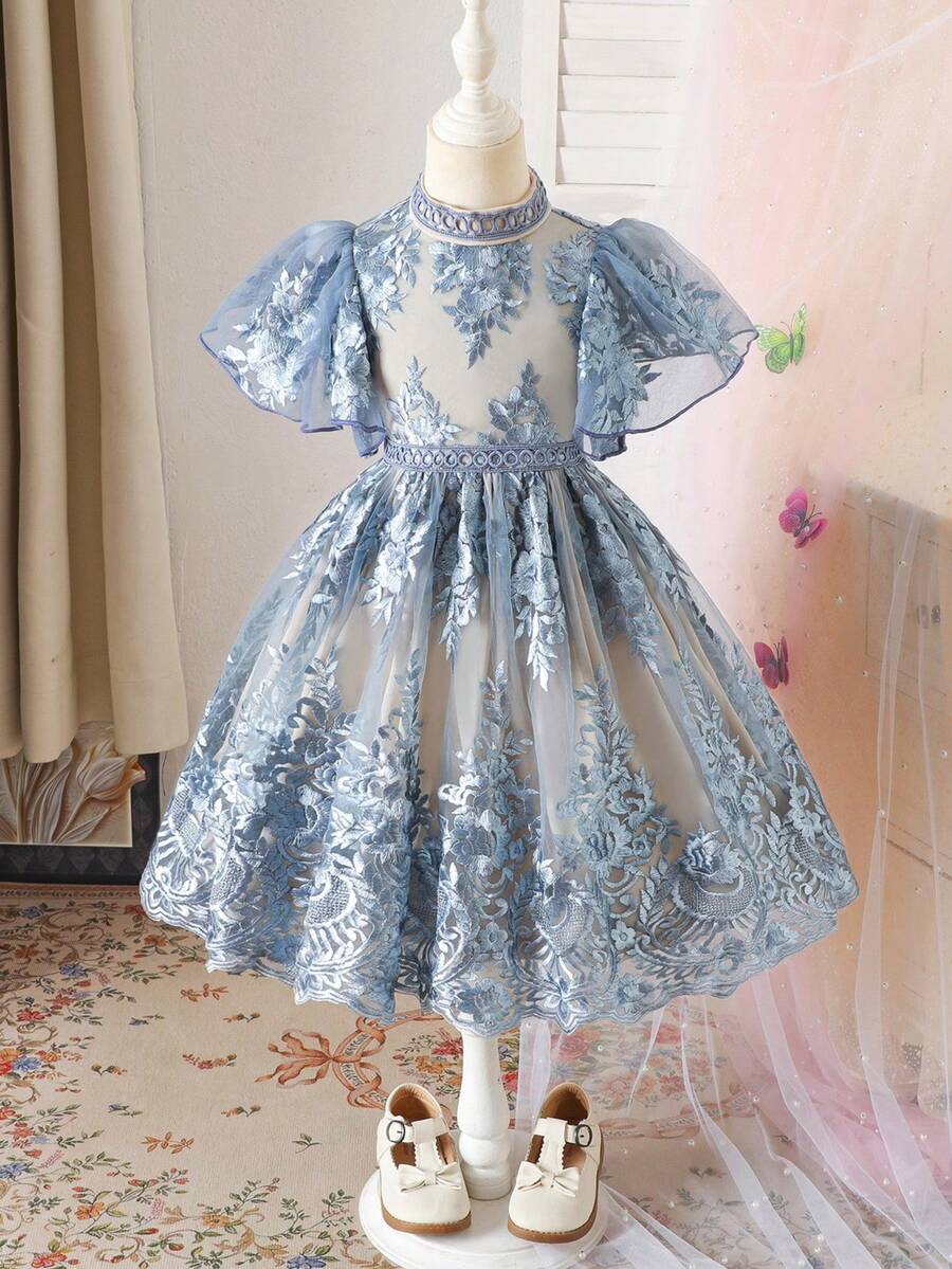 Young Girl Floral Embroidery Mesh Ruffle Hem Short Sleeve Elegant Dress - Grey - View 1