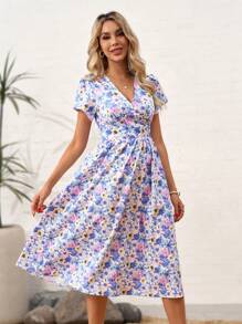 SHEIN Clasi Đầm đi nghỉ thường ngày cổ chữ V in hoa tay ngắn cho nữ - Màu xanh lam - Xem 5