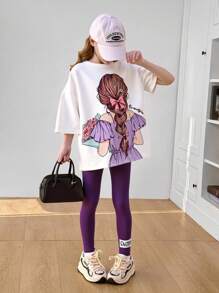 2 件套青少年女孩可爱肖像印花超大圆领短袖 T 恤图案 T 恤和紧身裤套装，返校服装