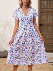 SHEIN Clasi Đầm đi nghỉ thường ngày cổ chữ V in hoa tay ngắn cho nữ - Màu xanh lam - Xem 6