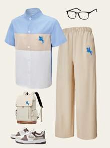 SHEIN Casuvi Kids 男童休闲混色印花立领衬衫长裤套装 - 彩色 - 查看 1