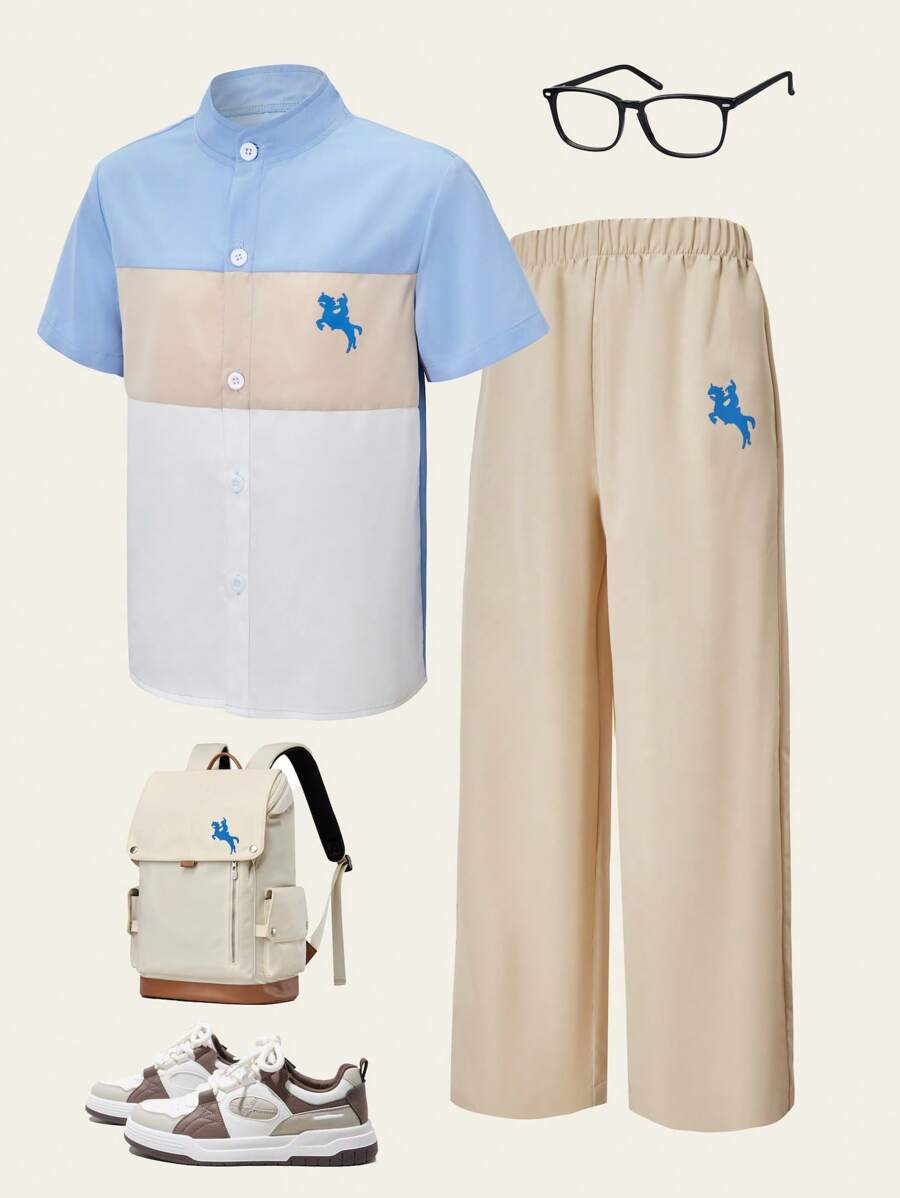 SHEIN Casuvi Kids 男童休闲混色印花立领衬衫长裤套装 - 彩色 - 查看 1