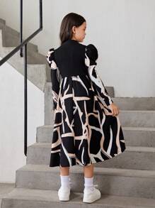 SHEIN Tween Girls 2 In 1 Gigot Sleeve Geometric Floral Patchwork Stand Collar Dress - Multicolor - View 2