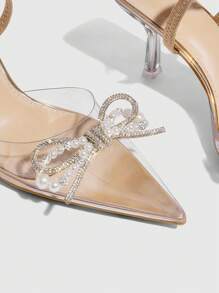 CUCCOO SZL 女士珍珠水钻蝴蝶结透明PVC水晶高跟鞋，性感优雅，香槟色尖头高跟鞋