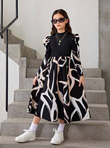 SHEIN Tween Girls 2 In 1 Gigot Sleeve Geometric Floral Patchwork Stand Collar Dress - Multicolor - View 4