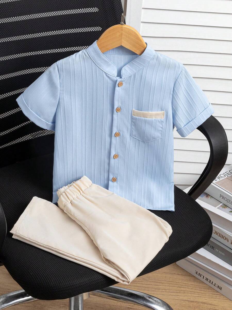 SHEIN 2pcs Young Boy Vertical Striped Round Neck Short Sleeve Single-Breasted Shirt & Pants Set, Summer - Blue - View 1