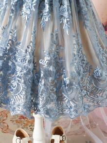 Young Girl Floral Embroidery Mesh Ruffle Hem Short Sleeve Elegant Dress - Grey - View 5