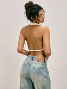 Easelle Chaleco de punto con cuello halter color albaricoque para mujer