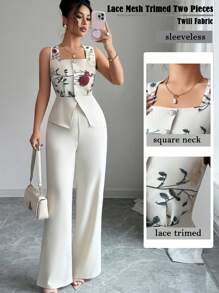 Elenzga 2pcs/Set Women's Summer Vacation Bohemian Embroidered Mesh Sleeveless Blouse And Wide Leg Pants - Apricot - View 1