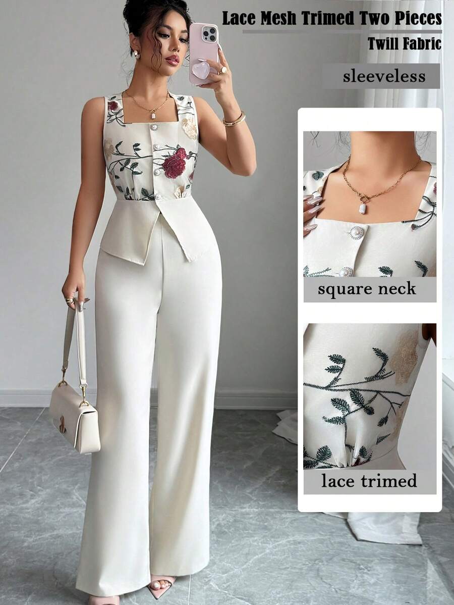 Elenzga 2pcs/Set Women's Summer Vacation Bohemian Embroidered Mesh Sleeveless Blouse And Wide Leg Pants - Apricot - View 1