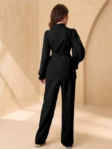 SHEIN 2pcs Elegant Floral Girl Wedding Pageant Outfit Set - Jacket & Pants, Youth Size Fall Winter - Black - View 2