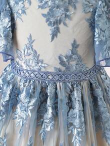 Young Girl Floral Embroidery Mesh Ruffle Hem Short Sleeve Elegant Dress - Grey - View 4