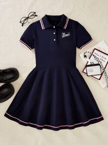 SHEIN Vacaura 青少年女孩休闲拼色条纹 Polo 领 A 字形连衣裙（夏季）