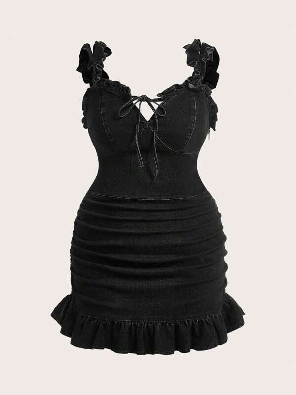 SHEIN MOD Plus Size Summer Casual Ruffle Trim Denim Dress