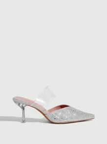 CUCCOO SZL Mules femininas sensuais de bico fino com detalhes em strass e salto alto transparente, perfeitas para usar com vestidos. - Prata - Ver 4